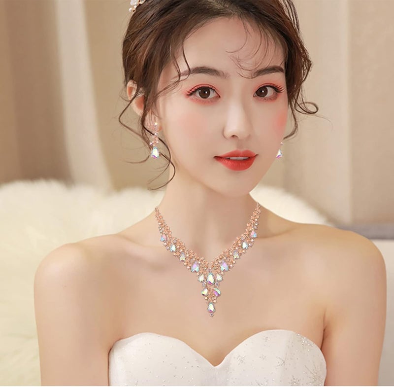 CSY Elegant Crystal Costume Jewelry Sets Flower Bridal Necklace Earrings Stretch Bangle Set for Bride Bridesmaid Wedding Dress Accessories - Image 2